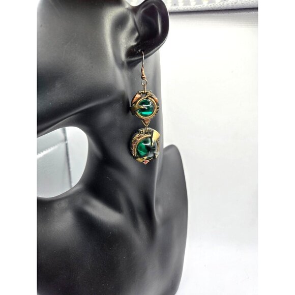 Vintage Dangling Green Glass and Paste Gold tone hook earrings 3" long rare - Picture 2 of 7